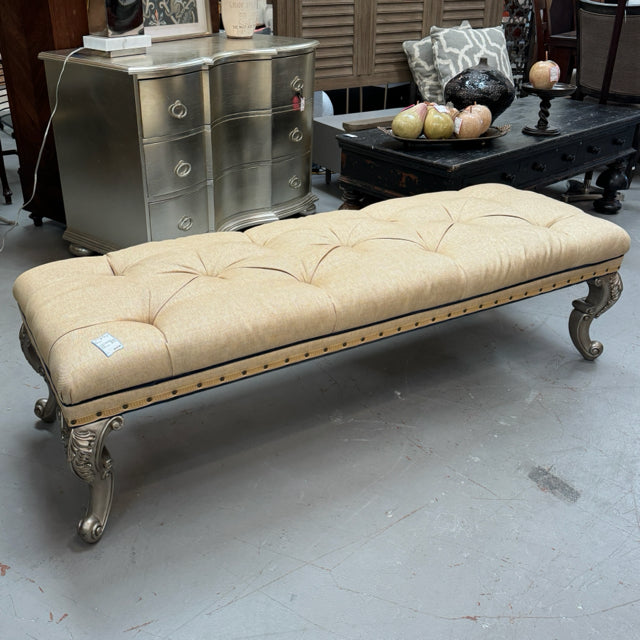 Ethan Allen French Upholstered Long Bench W/Carved Legs 68x23x19