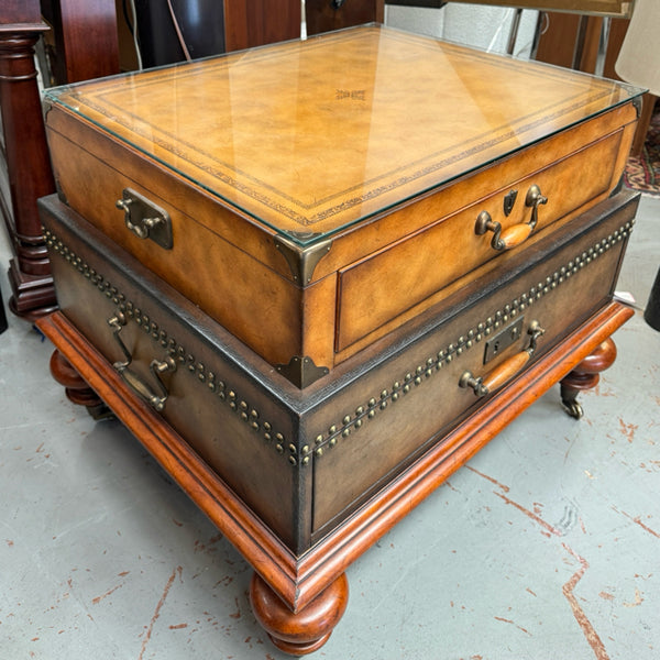 Leather Stacked Trunk Side Table W/Glass Top 32x27x25.5