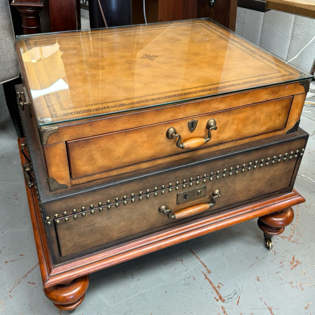 Leather Stacked Trunk Side Table W/Glass Top 32x27x25.5