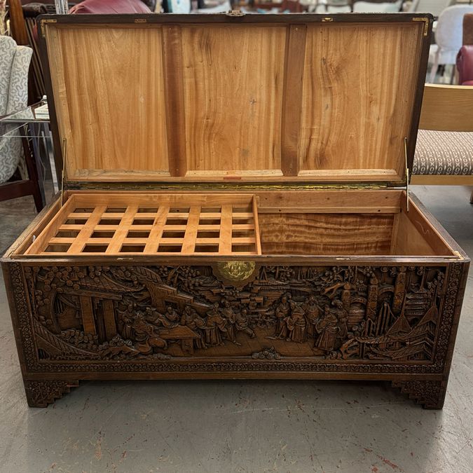 Early 19thC Chinese Carved Camphor Chest by The Original Majestic Co. Hong Kong