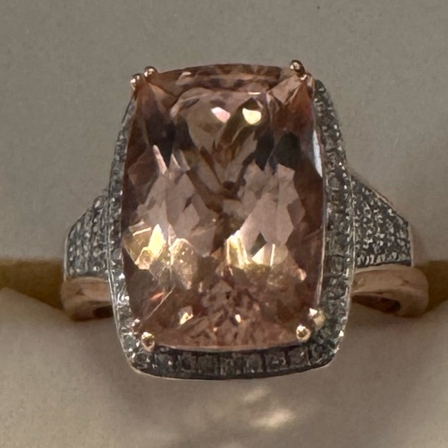 14K Rose Gold Morganite Ring W/Diamonds Sz 6.5