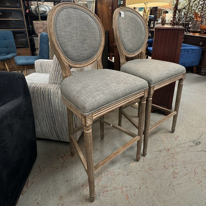 PAIR French Linen Round Barstools 20x24x48.4 (seat: 29.5)