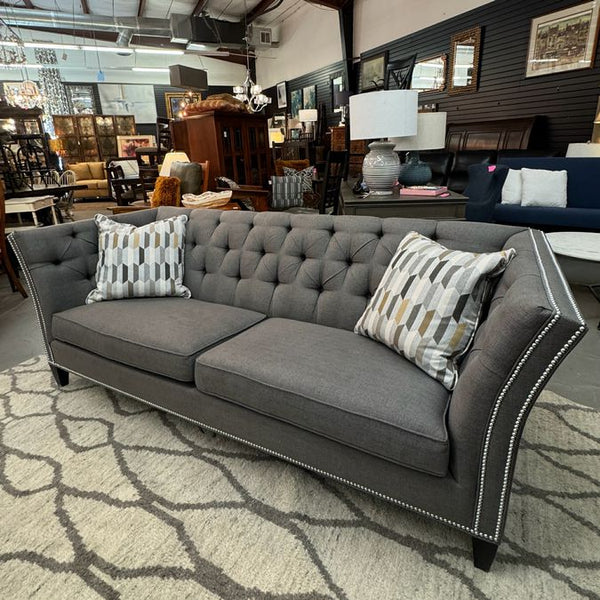 Ethan Allen Shelton Custom Gray Sofa W/Nailhead Trim 84x34x32