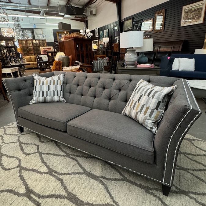 Ethan Allen Shelton Custom Gray Sofa W/Nailhead Trim 84x34x32