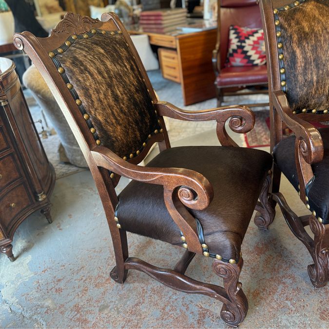 PAIR Wood/Cowhide Arm Chairs 25x28x44