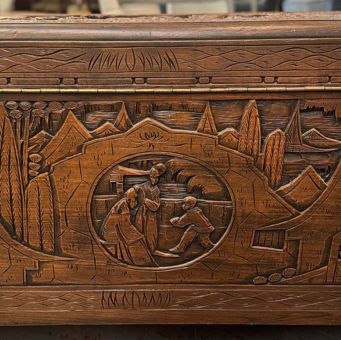 Early 19thC Chinese Carved Camphor Chest by The Original Majestic Co. Hong Kong