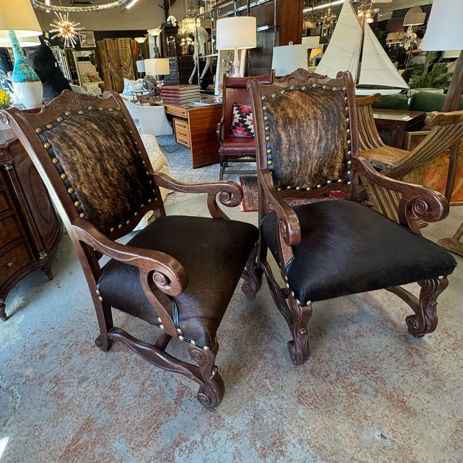 PAIR Wood/Cowhide Arm Chairs 25x28x44