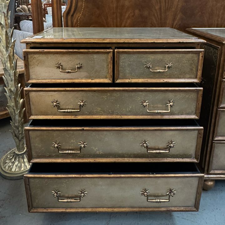 PAIR Theodore Alexander Eglomise Gilt & Silver Chests 33x19x35.5