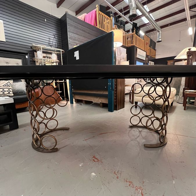 Black Distressed Wood Dining Table W/Gold Circle Base 88x43x30