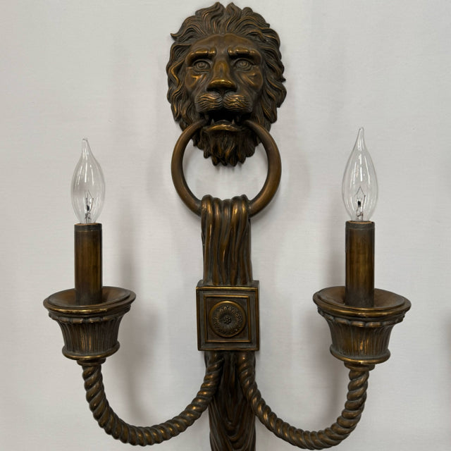 PAIR Vintage Maitland-Smith Bronze Lions Head Wall Sconces 27"Hx13.5W
