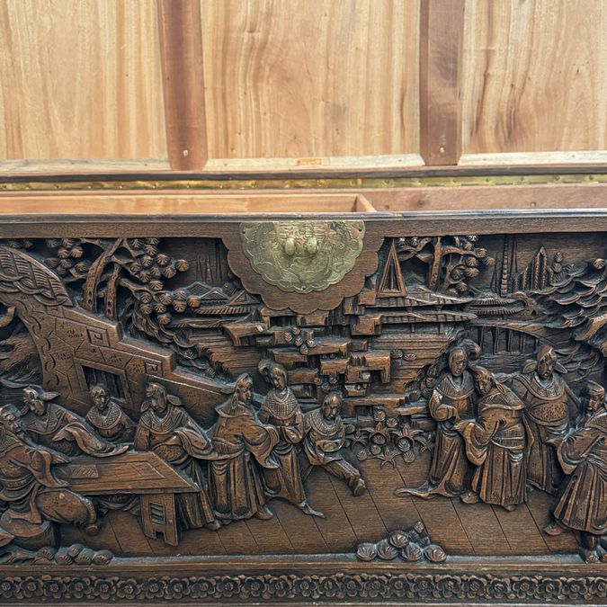Early 19thC Chinese Carved Camphor Chest by The Original Majestic Co. Hong Kong