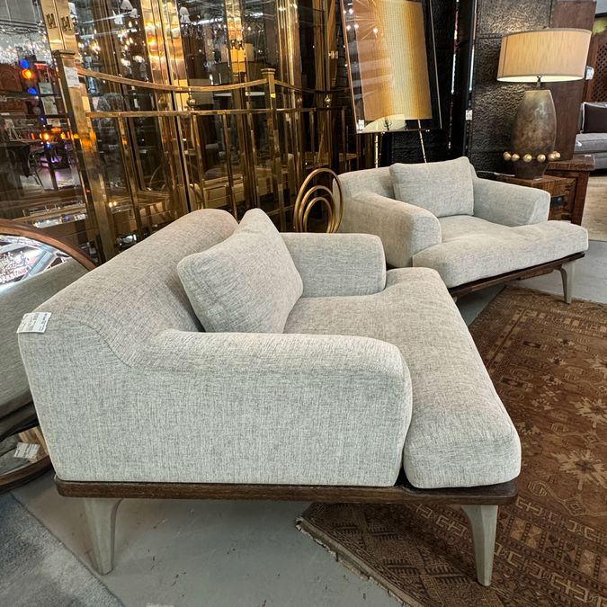 PAIR District Eight Salk Armchairs Charred Black Oak W/Concrete Acid Legs Paloma