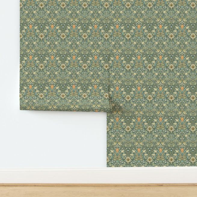 William Morris Spring Thicket on Teal Wallpaper, 9- 2'x9' Pre-pasted Rolls