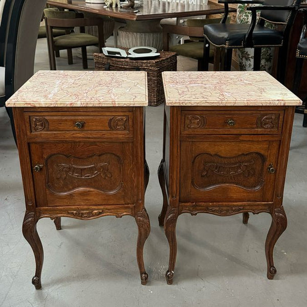 PAIR Antique Louis XV Walnut Nightstands W/Marble Tops AS IS 18x16x30