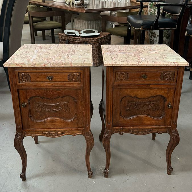 PAIR Antique Louis XV Walnut Nightstands W/Marble Tops AS IS 18x16x30