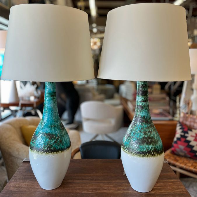 PAIR Arteriors Teal & White Reactive Glaze Lamps 41"H