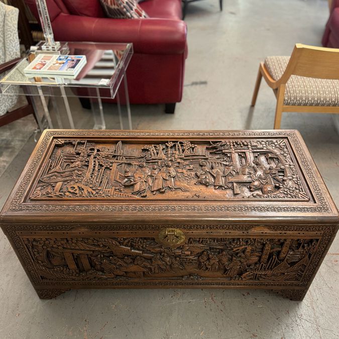 Early 19thC Chinese Carved Camphor Chest by The Original Majestic Co. Hong Kong