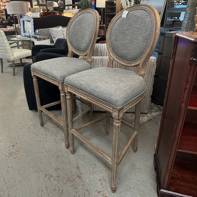 PAIR French Linen Round Barstools 20x24x48.4 (seat: 29.5)