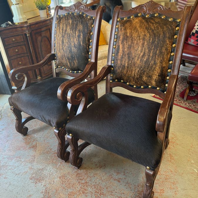 PAIR Wood/Cowhide Arm Chairs 25x28x44