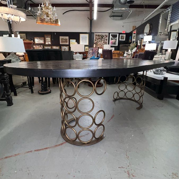 Black Distressed Wood Dining Table W/Gold Circle Base 88x43x30