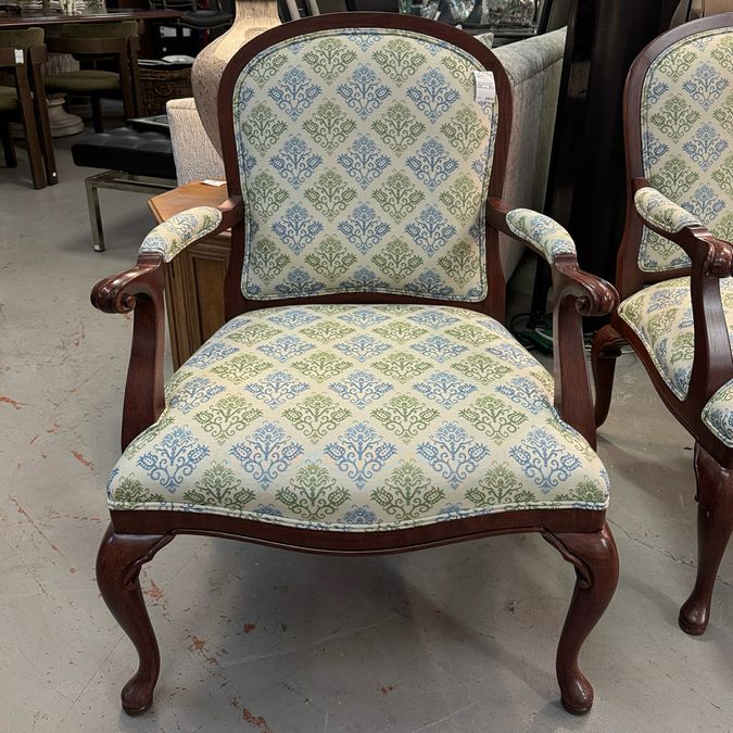 Blue & Green Upholstered Queen Anne Arm Chair 27x26.5x39
