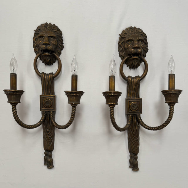 PAIR Vintage Maitland-Smith Bronze Lions Head Wall Sconces 27"Hx13.5W