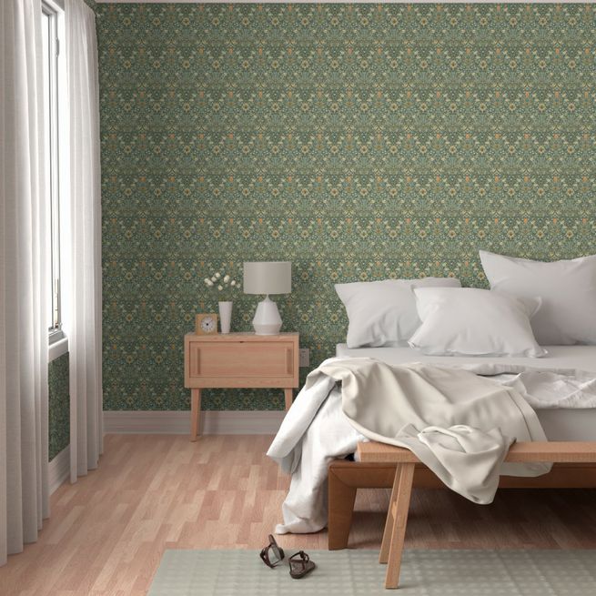 William Morris Spring Thicket on Teal Wallpaper, 9- 2'x9' Pre-pasted Rolls