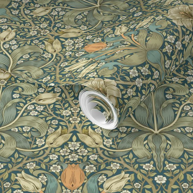 William Morris Spring Thicket on Teal Wallpaper, 9- 2'x9' Pre-pasted Rolls