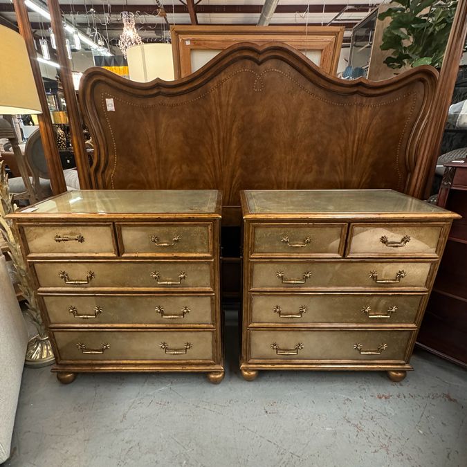 PAIR Theodore Alexander Eglomise Gilt & Silver Chests 33x19x35.5