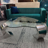 Karl Springer Style Beveled Glass & Chrome Cantilever Leg Coffee Table 55x40x17