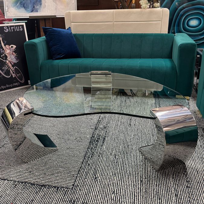 Karl Springer Style Beveled Glass & Chrome Cantilever Leg Coffee Table 55x40x17