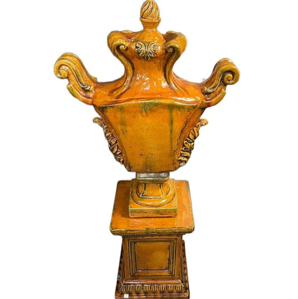 SET/2 Italian Ceramic Ochre Urns W/Pedestals 26x15x52