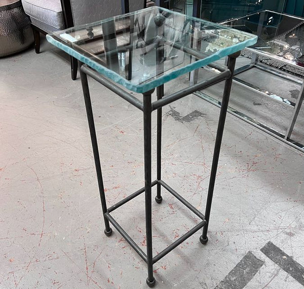 1980's Wrought Iron & Heavy Glass Top Stand 14x14x37