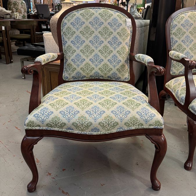Blue & Green Upholstered Queen Anne Arm Chair 27x26.5x39