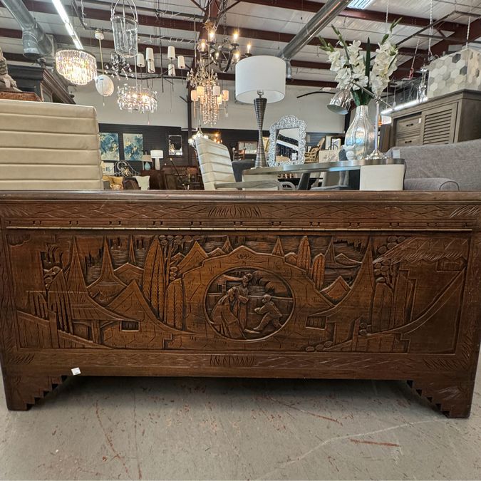 Early 19thC Chinese Carved Camphor Chest by The Original Majestic Co. Hong Kong