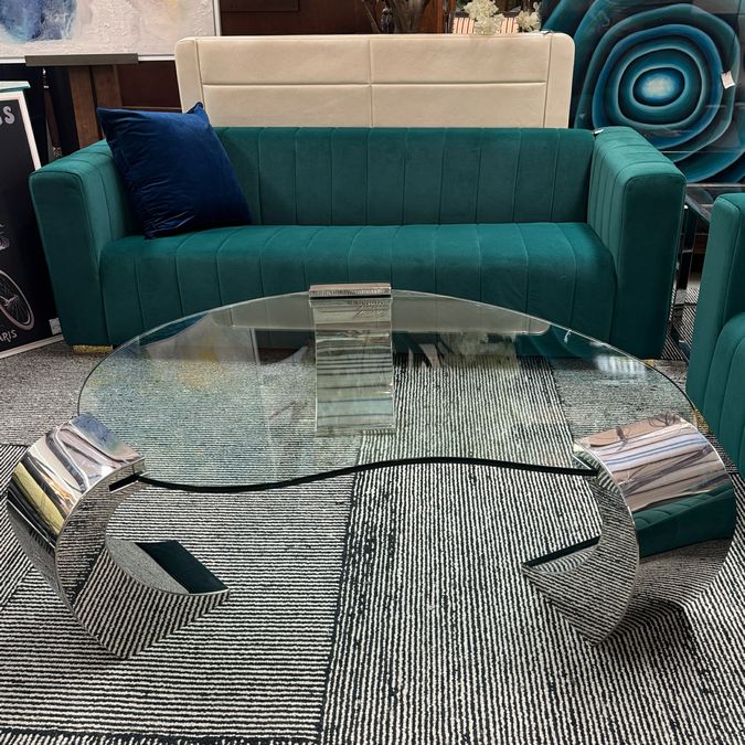 Karl Springer Style Beveled Glass & Chrome Cantilever Leg Coffee Table 55x40x17