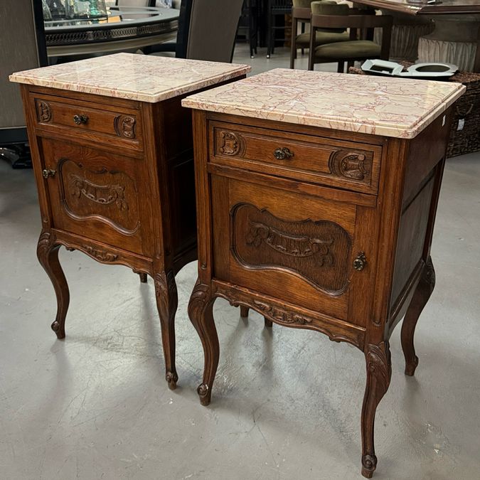 PAIR Antique Louis XV Walnut Nightstands W/Marble Tops AS IS 18x16x30