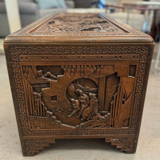 Early 19thC Chinese Carved Camphor Chest by The Original Majestic Co. Hong Kong