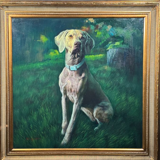Framed Original Weimaraner Oil Painting by NC Wyeth 44x45
