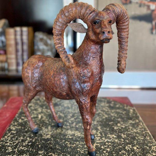 Vintage 1970's Leather Ram Sculpture 12.5"H
