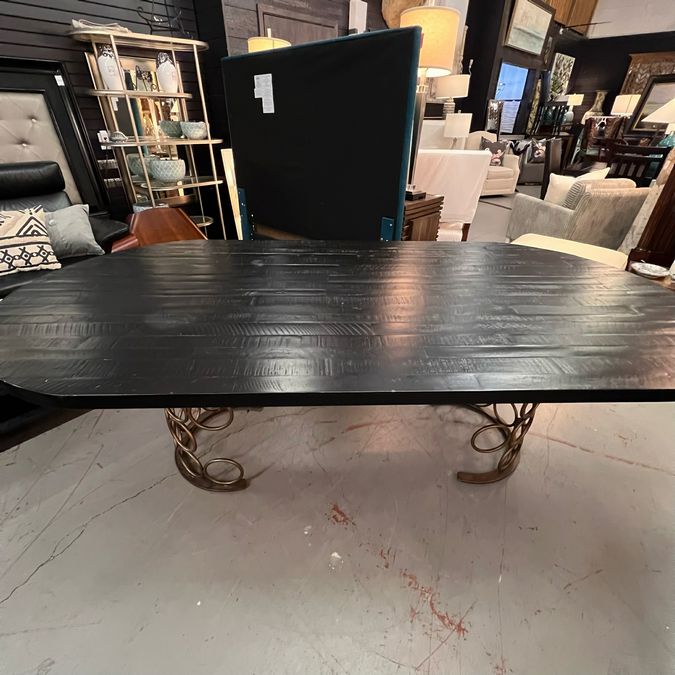 Black Distressed Wood Dining Table W/Gold Circle Base 88x43x30