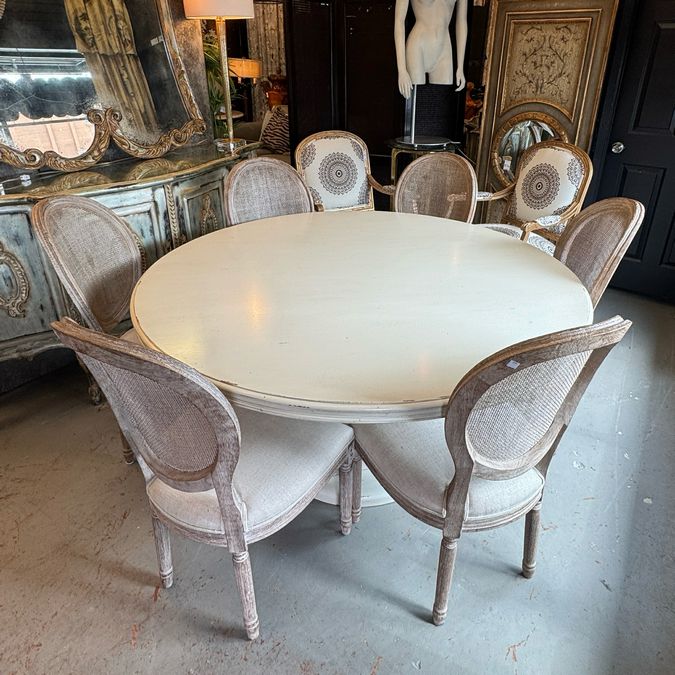 60" Bernhardt Mirabelle Dining Table W/6 Rest. Hardware French Cane Back Chairs