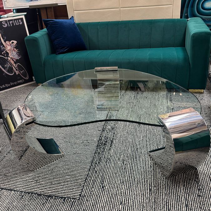 Karl Springer Style Beveled Glass & Chrome Cantilever Leg Coffee Table 55x40x17