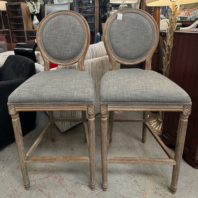 PAIR French Linen Round Barstools 20x24x48.4 (seat: 29.5)