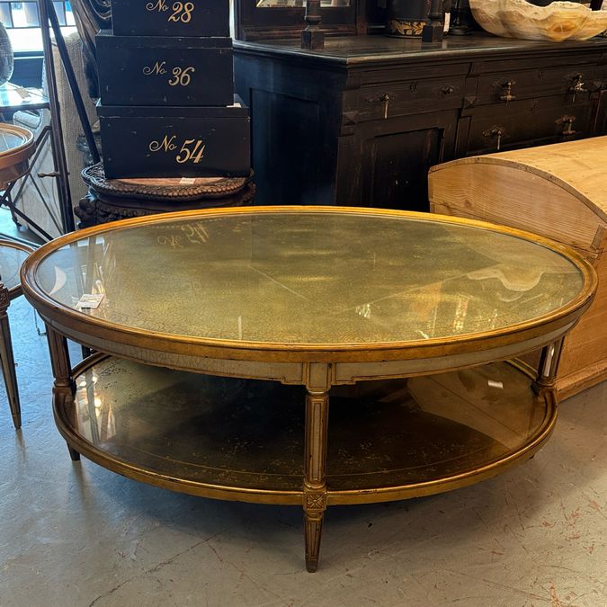 Theodore Alexander Eglomise Jewel of Venice Gilt Oval Cocktail Table 48x32x21