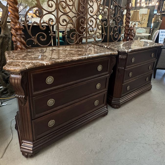 PAIR Bernhardt 3-Drw Nightstands W/Marble Tops 42x19.5x33