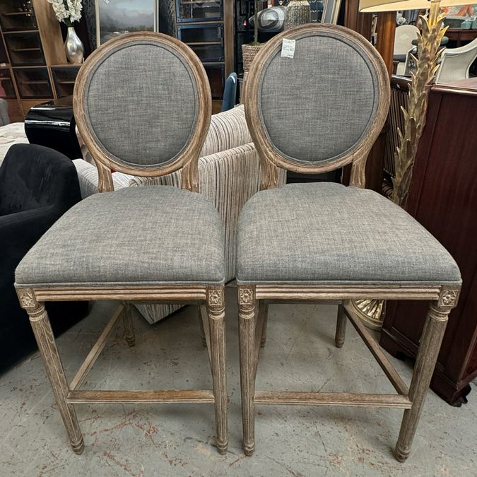 PAIR French Linen Round Barstools 20x24x48.4 (seat: 29.5)