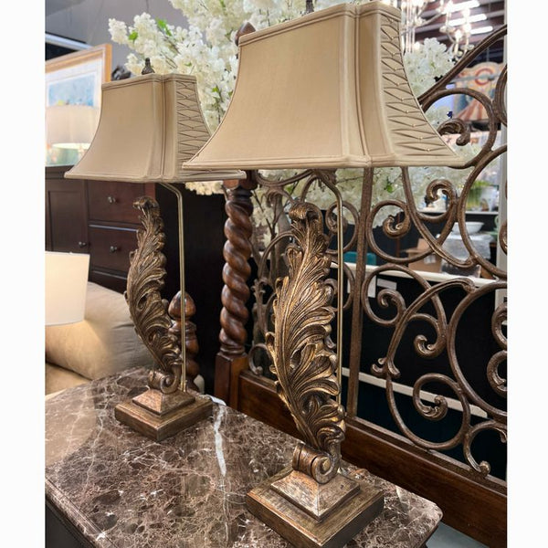 PAIR John Richard Acanthus Carved Italian Lamps 33"