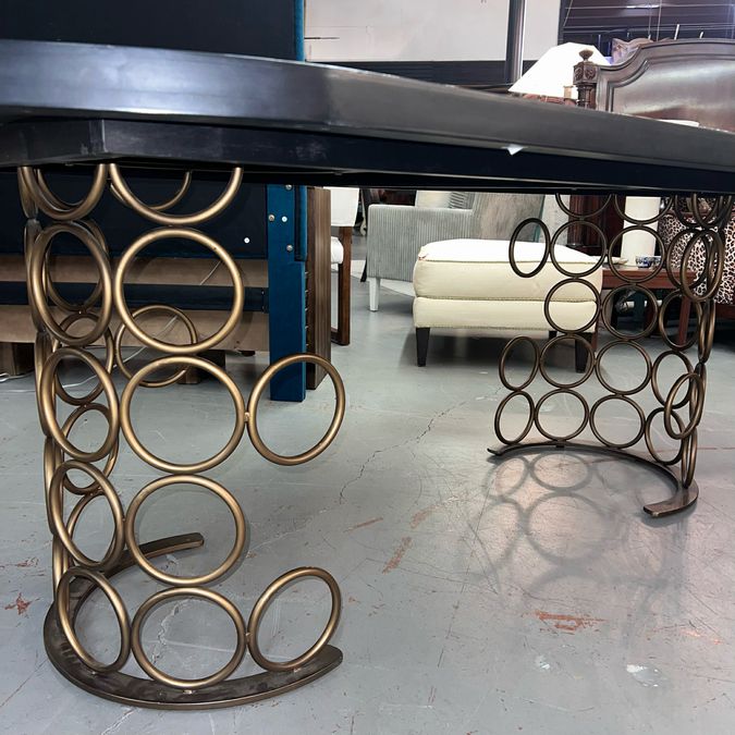 Black Distressed Wood Dining Table W/Gold Circle Base 88x43x30