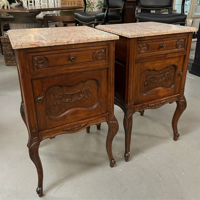 PAIR Antique Louis XV Walnut Nightstands W/Marble Tops AS IS 18x16x30
